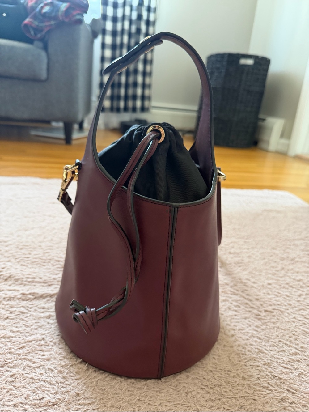 Mango Burgundy Bucket Shoulder Bag with Drawstring